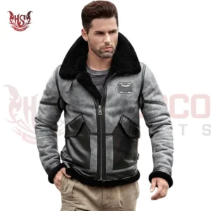 Mens Grey b17 shearling bomber jacket to make a statement that lasts someone;s mind for years