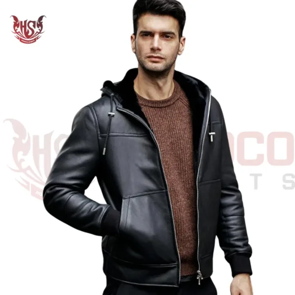 diamond black sherpa bomber jacket with hood for men