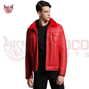 Stylish Red Sheepskin Leather Bomber jacket