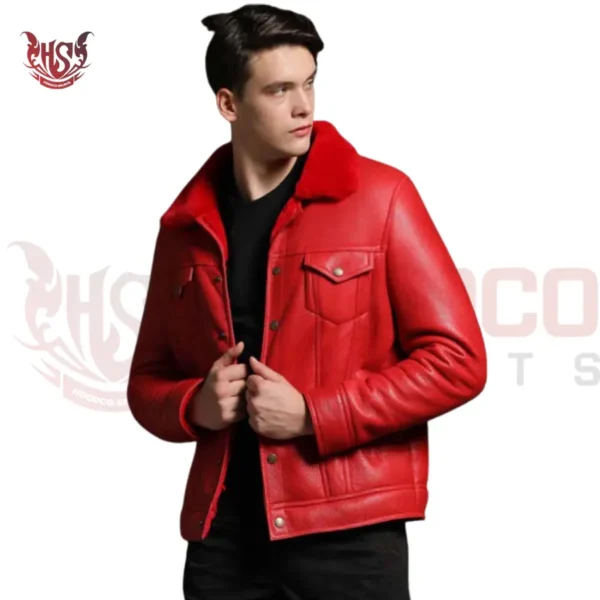 red bomber jacket made of real sheepskin hide