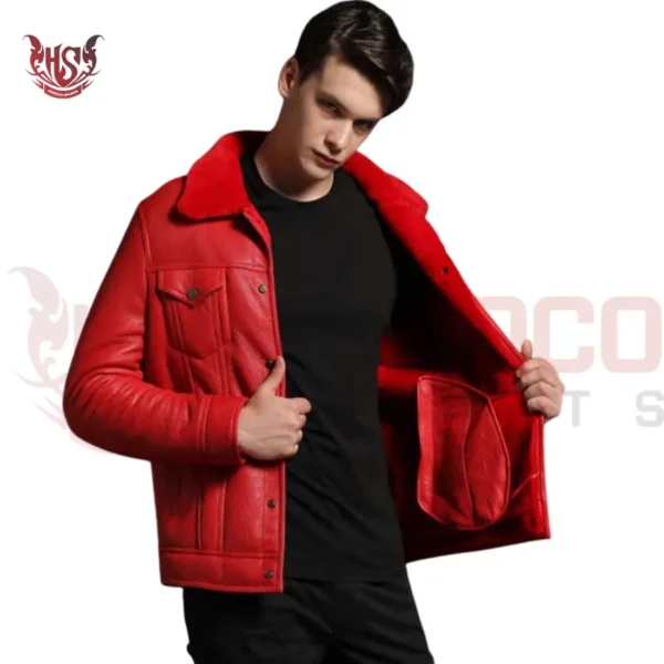 sheepskin leather bomber jacket in red color for men