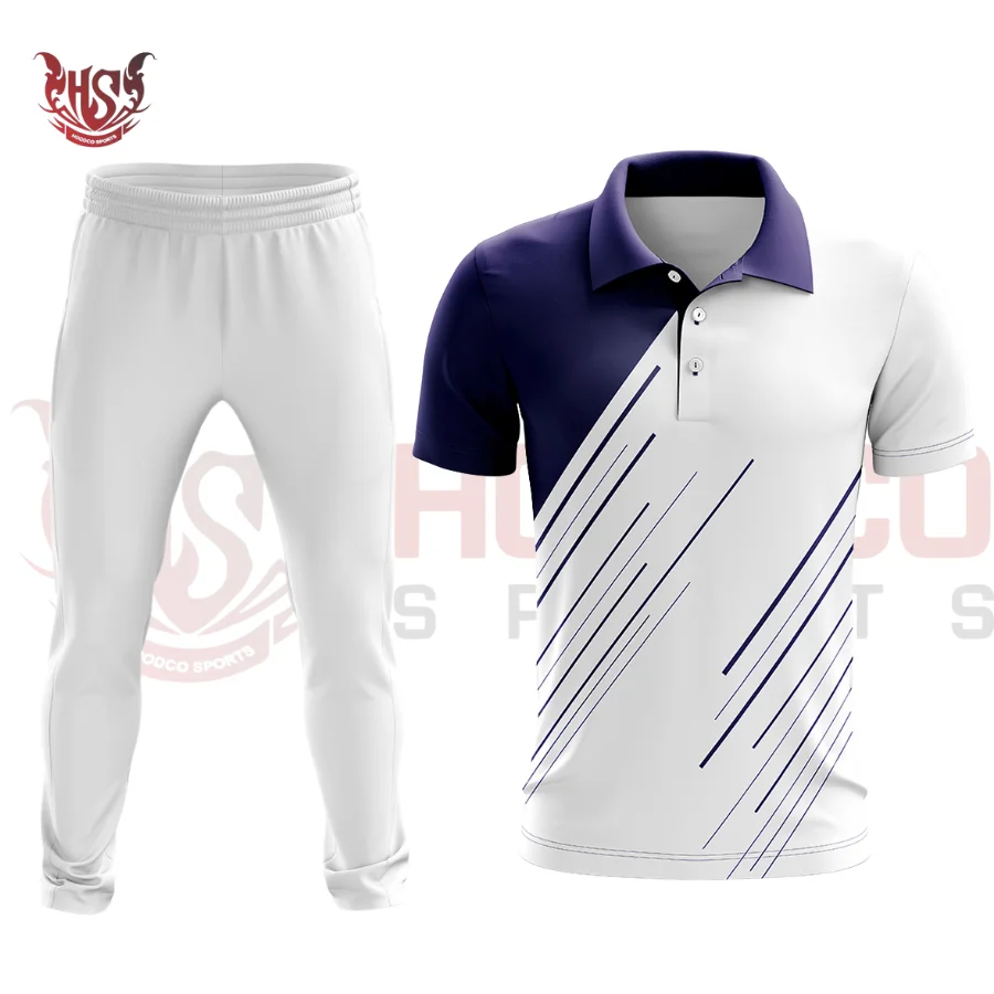 Front view of customizable white cricket uniform kit by Hoodco Sports