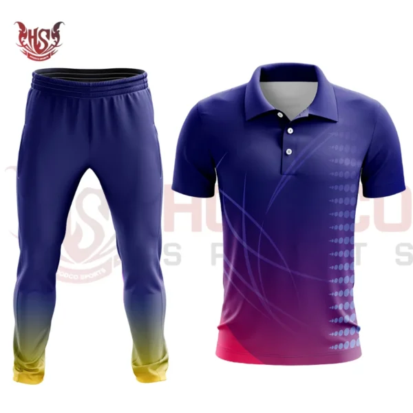 Customizable Purple and Black Sublimated Cricket Shirt Front View