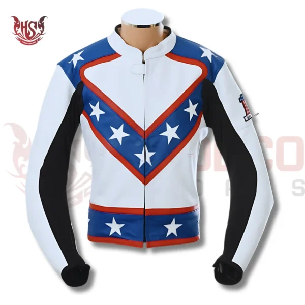 we manufacture most demanded Evel knievel motorcycle leather jacket having white stars