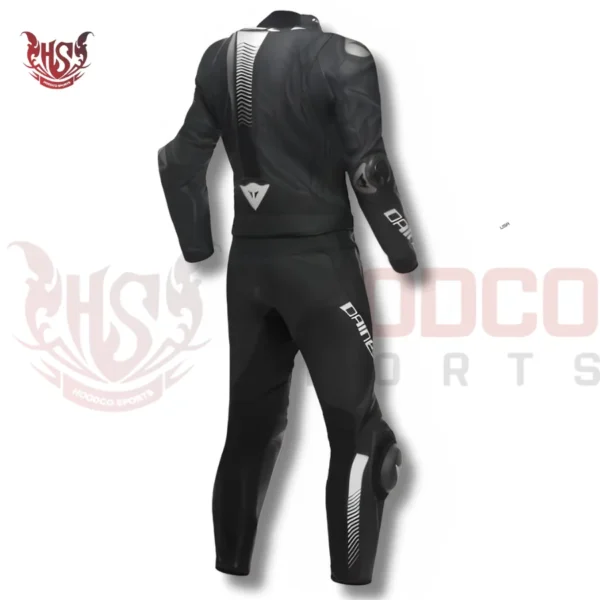 full black two piece moto racing leather suit- backview