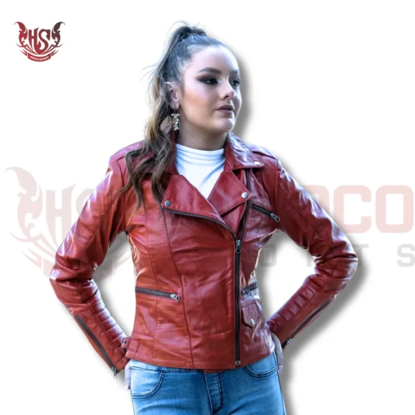 red dark wine leather fashion jacket for girls