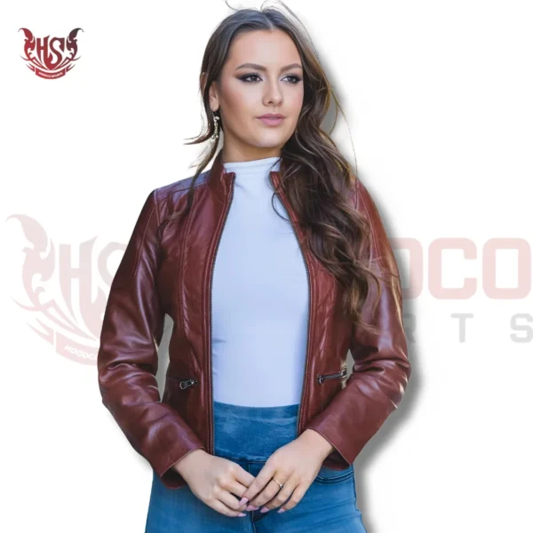 Ladies high class maroon leather jacket for casual look