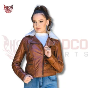 Brown Leather Jacket With White Fur Collar