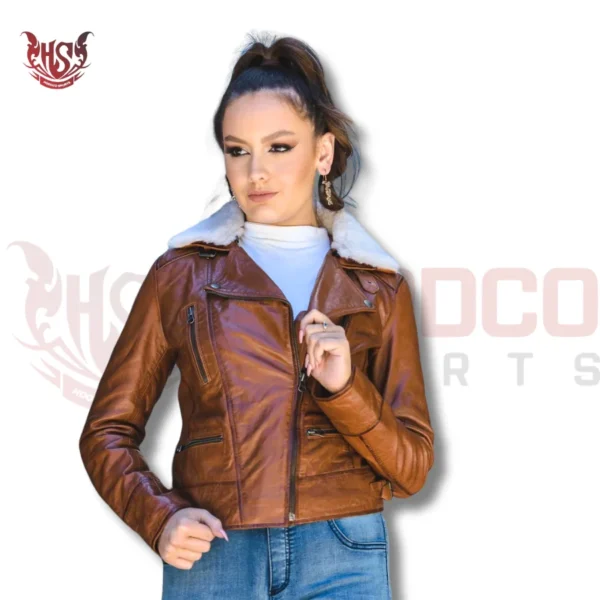 ladies perfect winter jacket | Brown leather jacket with fur collar