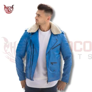 sky blue leather jacket |\ Winter fashion wear