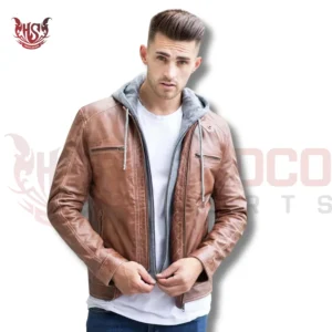 Men's Brown Leather Jacket With Hood