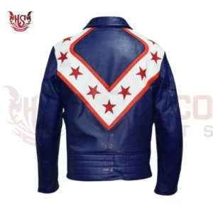 Backside: Legendary Daredevil- evil knievel blue leather jacket for racing