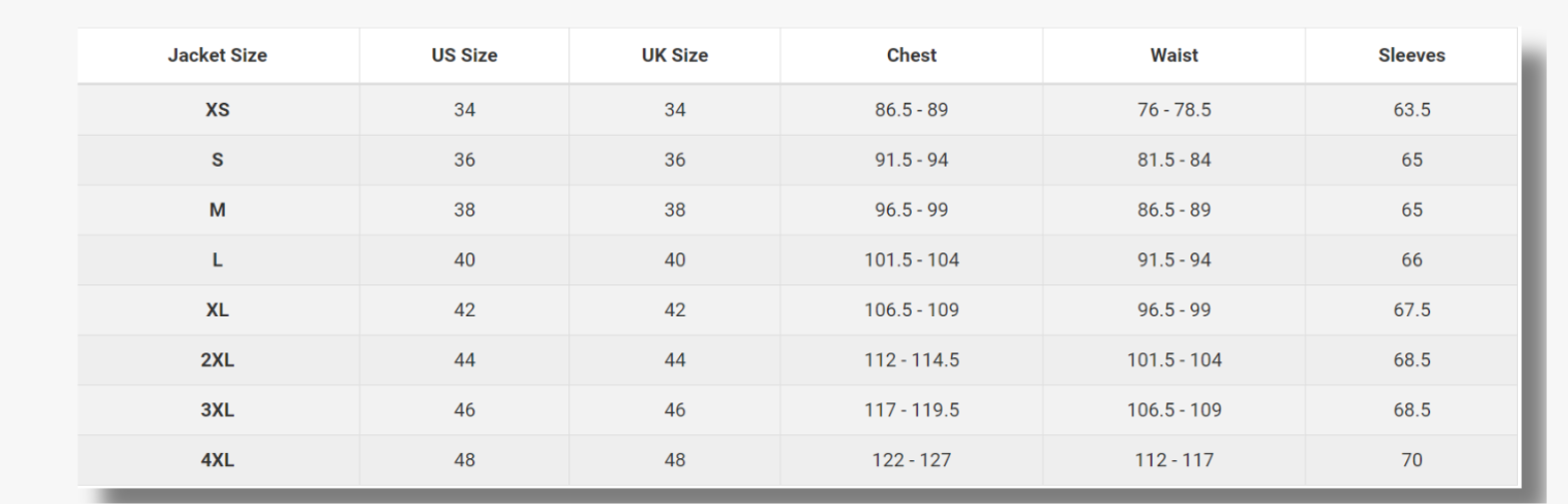 size guide men in cm