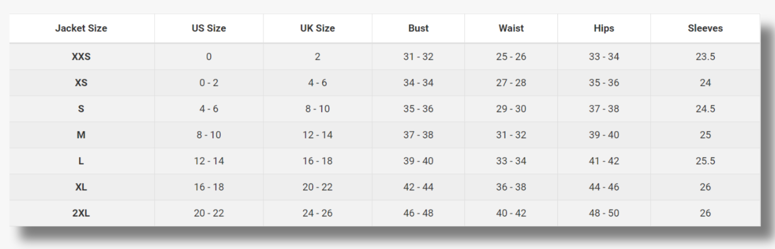 women jacket size guide inches