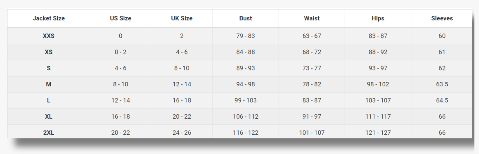 women size chart in cm