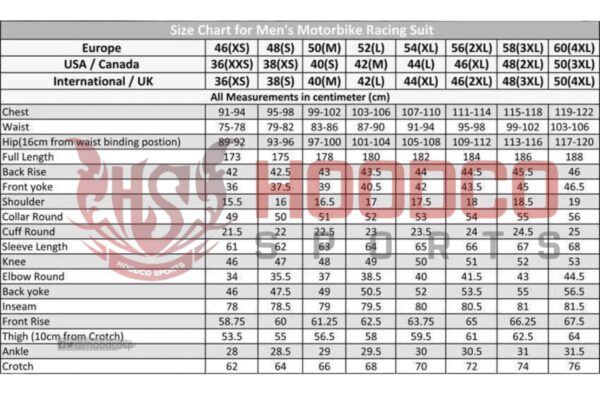 original men's racing size chart